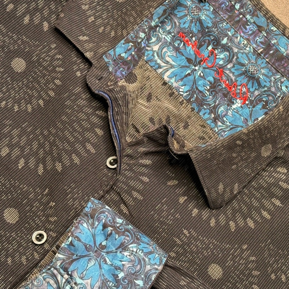 Robert Graham Shirt Mens 2XL Blue Grey Abstract Print Classic Flip Cuff Artsy